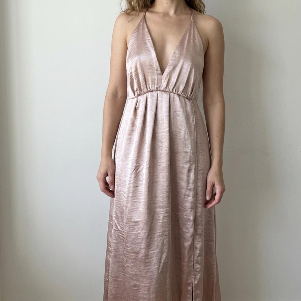 Blush Satin Plunge Halter Maxi Dress Tie Back Front Slit – Size M